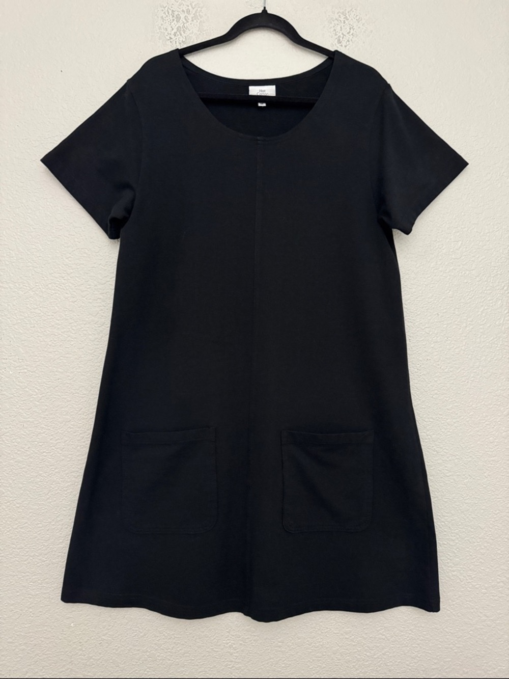 Hot Cotton by Marc Ware Shift Dress Black Short Sleeve Patch Pockets Lagenlook M